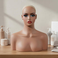 Female Mannequin Head with Shoulders PVC Material Synthetic Hair Mannequin Life-Size Torso-Size Female Hairpiece Head Bust for Training