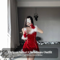 3 Pieces Christmas Lingerie Dress Lace-up Front Trim Soft Pile Material Mini Dress Merry Matron Holiday Lady Lingerie Outfit