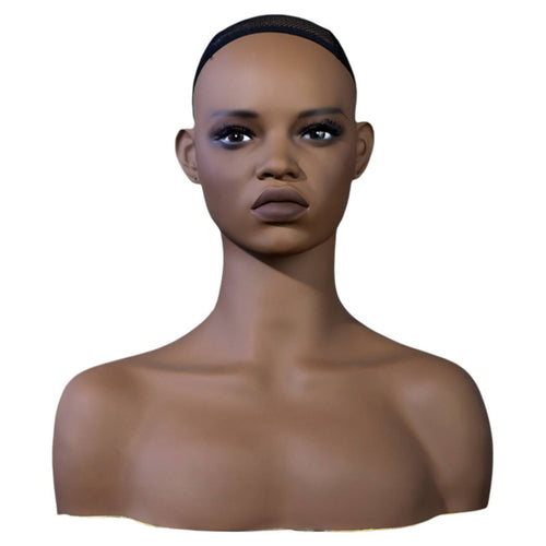 PVC Mannequin Bust Dark Brown Hairpiece Mannequin Head Mesh Cap