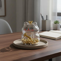 Feline Piggy Bank Transparent Glass Feline Coin Bank Crown Top