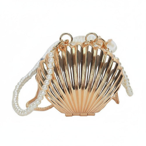 Beaded Chain Rigid Shell Bag Versatile Metal Shell Purse Beaded Strap Shell Bag Small Chic Handbag Lightweight