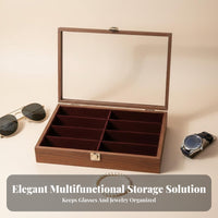 Walnut Wood Grain Eyeglass Display Case Large Capacity Eyewear Storage Display Case Clear View Lid for Collectors, Dressing Table, Closet