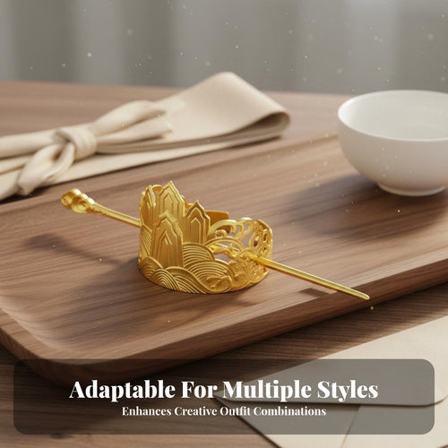 Chinese Design Hair Crown Wave and Mountain Design Ponytail Cuff with Stick Metal Hair Bun Holder Gold-Plated Metal Bun Holder