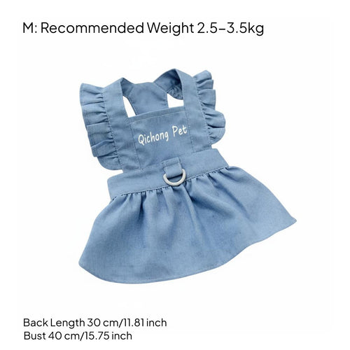 Ruffled Straps Denim Dog Dress with Leash Lightweight Material Denim Dog Dress Breathable for Young Dogs, Cats, Walking, Outdoor