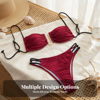 Alluring Design Ruched Bikini Set Removable Pads Ruched Bandeau Bikini Adjustable Straps for Young Adults, Vacation, Sunbathing