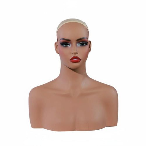 Female Mannequin Head with Shoulders PVC Material Synthetic Hair Mannequin Life-Size Torso-Size Female Hairpiece Head Bust for Training