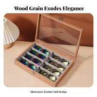 Walnut Wood Grain Eyeglass Display Case Large Capacity Eyewear Storage Display Case Clear View Lid for Collectors, Dressing Table, Closet
