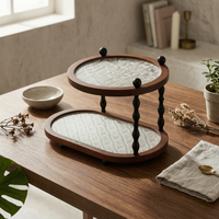 Oval Storage Rack Black Turned Columns Two-Tier Rack Brown Wood-Tone