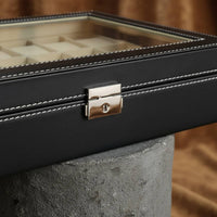 24 Compartment Watch Box Soft Lining Watch Display Case with Glass Top Removable Pillows Water-Resistant for Men
