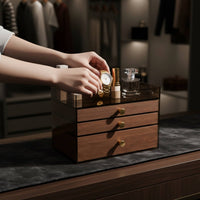 Multi-Tier Jewelry Organizer Allergen-Shield-Resistant Jewelry Storage Case with Compartments Wood Grain Storage Box Clear View