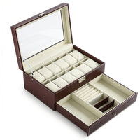Watch Box with Drawer Two-Tier Watch Display Case with Glass Lid 2-Layer
