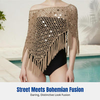 2025 Style Handmade Sparkle Knit Triangle Scarf, Tassel Off-Shoulder Cape for Holiday