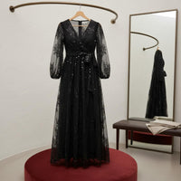 V Neck Evening Dress Plus Size Lantern Sleeve Gown Elegant for Banquet, Women