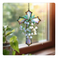 flower of the Valley Cross Iridescent Finish Floral Cross Hanging Ornament Handmade flower of the Valley Sun Reflector for Christians, Garden