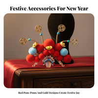 Chinese New Year Headpiece Good Fortune Symbol Chinese New Year Hair Crown Red Decorative Puff Tassel Hair Accessory Emblematic