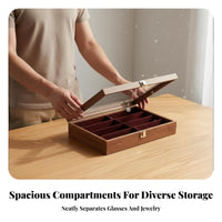 Walnut Wood Grain Eyeglass Display Case Large Capacity Eyewear Storage Display Case Clear View Lid for Collectors, Dressing Table, Closet