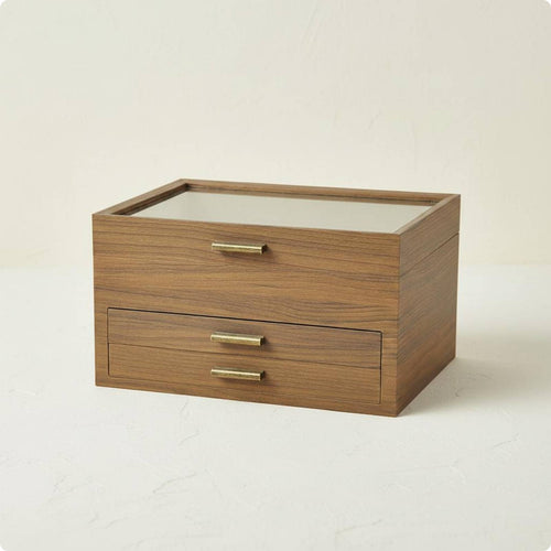 Wood Grain Jewelry Box Display Window Clear Lid Jewelry Box Easy to Organize Storage for Girls