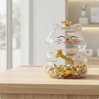Feline Piggy Bank Transparent Glass Feline Coin Bank Crown Top