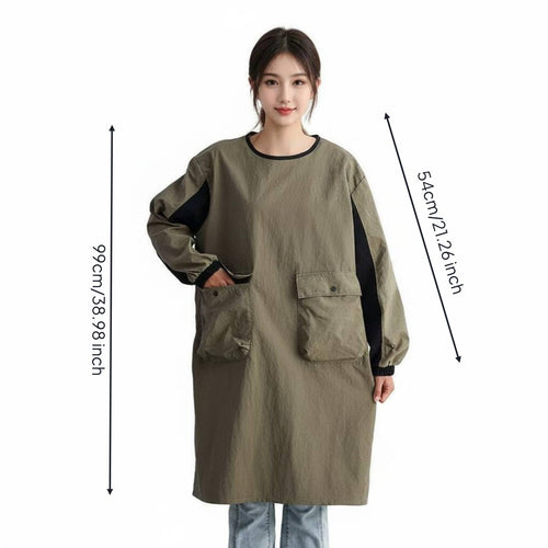Long Sleeve Smock Large Pockets Waterproof Work Gown Elastic Cuffs for Baristas