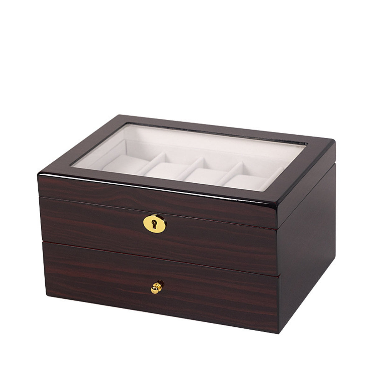 Glass-Top Watch Box Lacquered Watch Display Box Golden-Hued Lock
