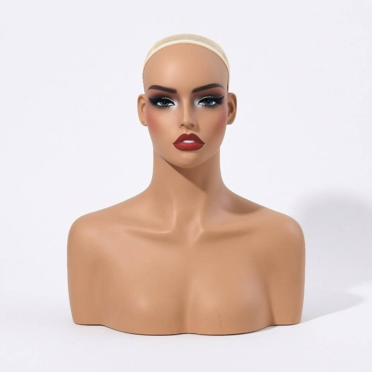 Head with Shoulders Bust Realistic Female Mannequin Head Flat Base