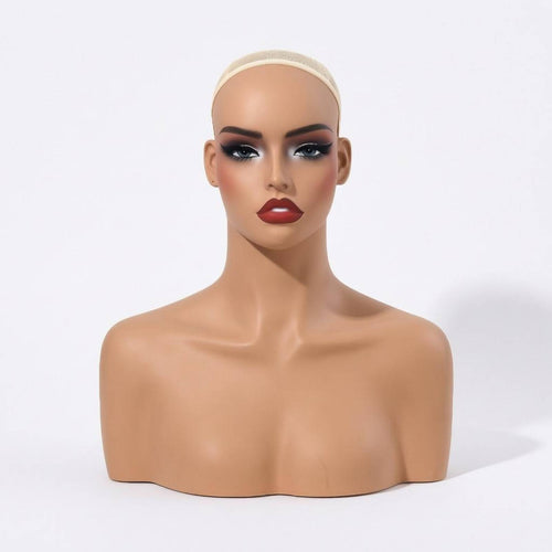 Head with Shoulders Bust Realistic Female Mannequin Head Flat Base