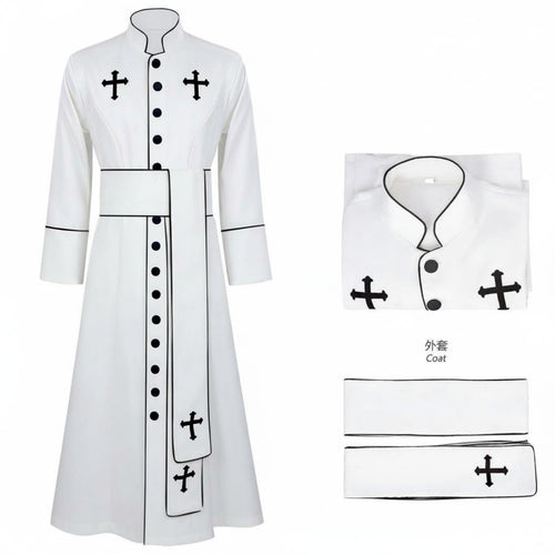 Cross Print Priest Robe Includes Matching Belt Long Sleeve Priest Cassock Contrast Trim Medieval Cleric Uniform for Stage Performance