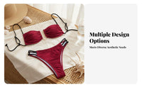 Alluring Design Ruched Bikini Set Removable Pads Ruched Bandeau Bikini Adjustable Straps for Young Adults, Vacation, Sunbathing