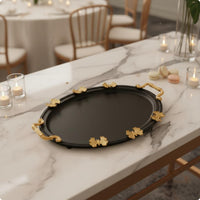 Black and Gold Tray Ornate Handles Oval Metal Tray