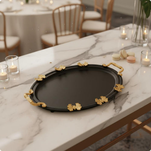 Black and Gold Tray Ornate Handles Oval Metal Tray