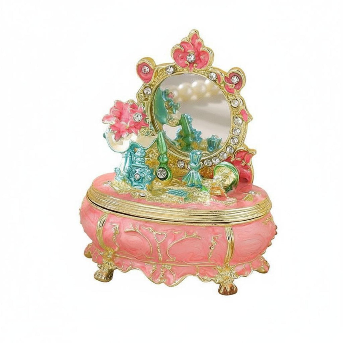 Ideal Gift Enameled Trinket Box with Mirror Exquisite Engraving Miniature Dressing Table Jewelry Box Rhinestone Accents for Women, Girls
