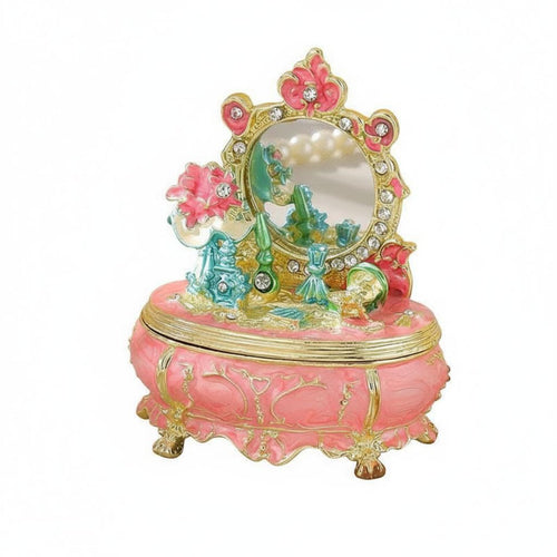 Ideal Gift Enameled Trinket Box with Mirror Exquisite Engraving Miniature Dressing Table Jewelry Box Rhinestone Accents for Women, Girls