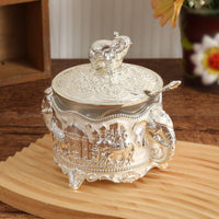 Elephant Sugar Bowl with Spoon Luxury Quality Ornate Silver Condiment Jar