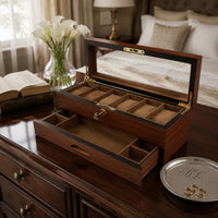 Double-Layer Watch Organizer Transparent Lid Wooden Watch Box Golden-Hued