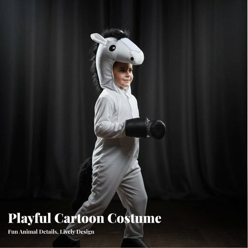 Attached Tail Kids Horse Costume Stuffed Head Hood Horse Jumpsuit Realistic Design for Toddlers, Halloween, Role Play, School Plays