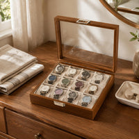 Watch Display Box Padded Interior Walnut Watch Box Glass Lid for Tabletop