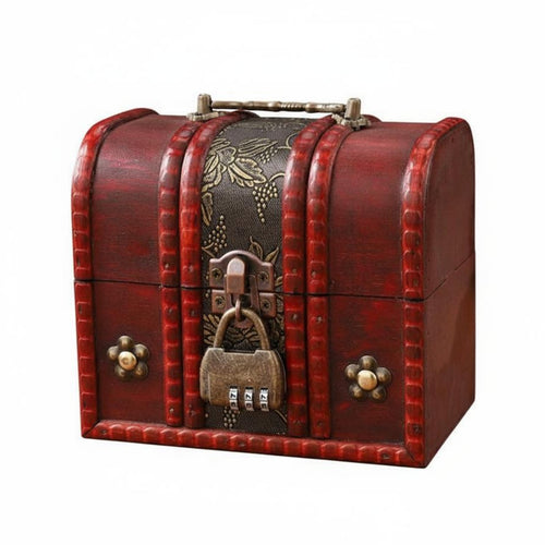 Red Wooden Storage Box with Lock Lockable Treasure Box Ideal Gift Vintage Wooden Treasure Chest for Desktop