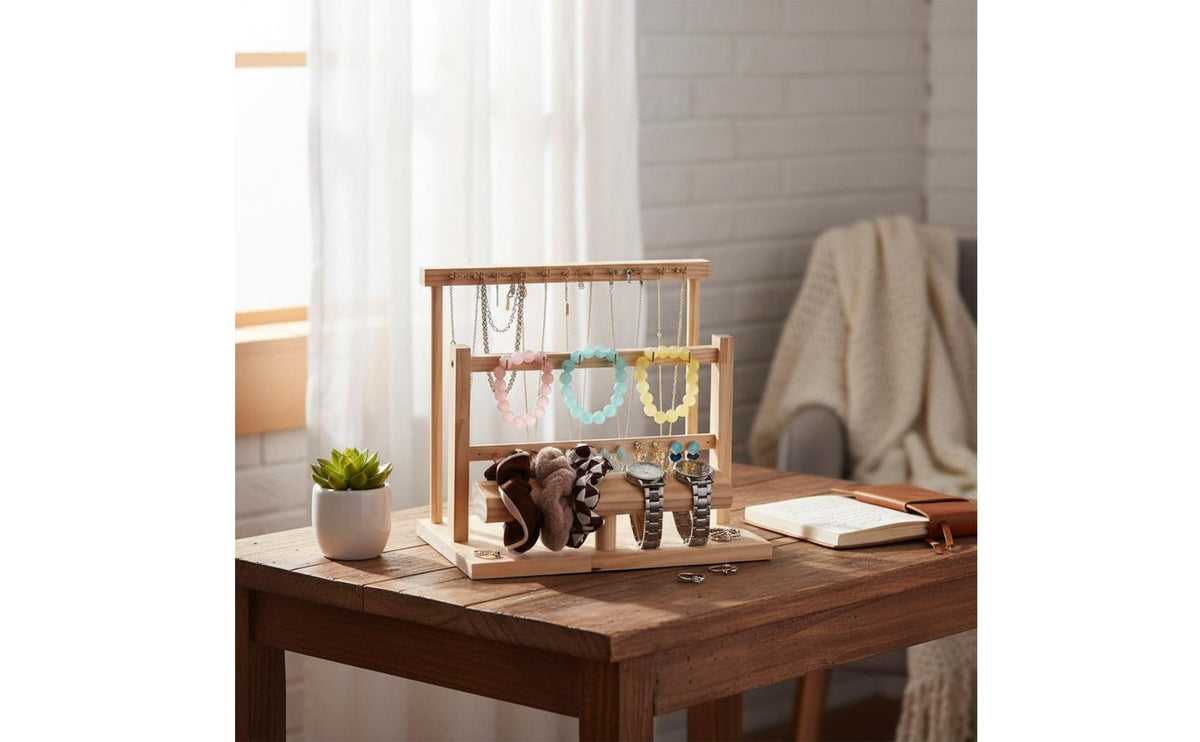 Wooden Jewelry Display Rack Solid Wood & Metal Construction Wooden Jewelry Stand