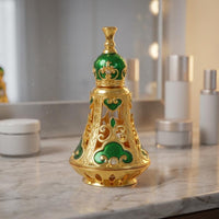 Ornate Perfume Bottle Openwork Bell-Shaped Glass Bottle Golden-Hued