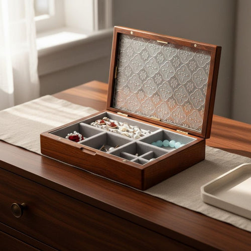 Wooden Jewelry Box Sturdy Wood Construction Glass Lid Jewelry Organizer Finger Adornment and Earring Storage Box Soft Textile