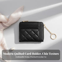 Soft PU Leather Quilted Card Holder with Keychain Lightweight Slim Quilted Card Holder Secure Zipper Closure for Women, Daily Use, Commuting