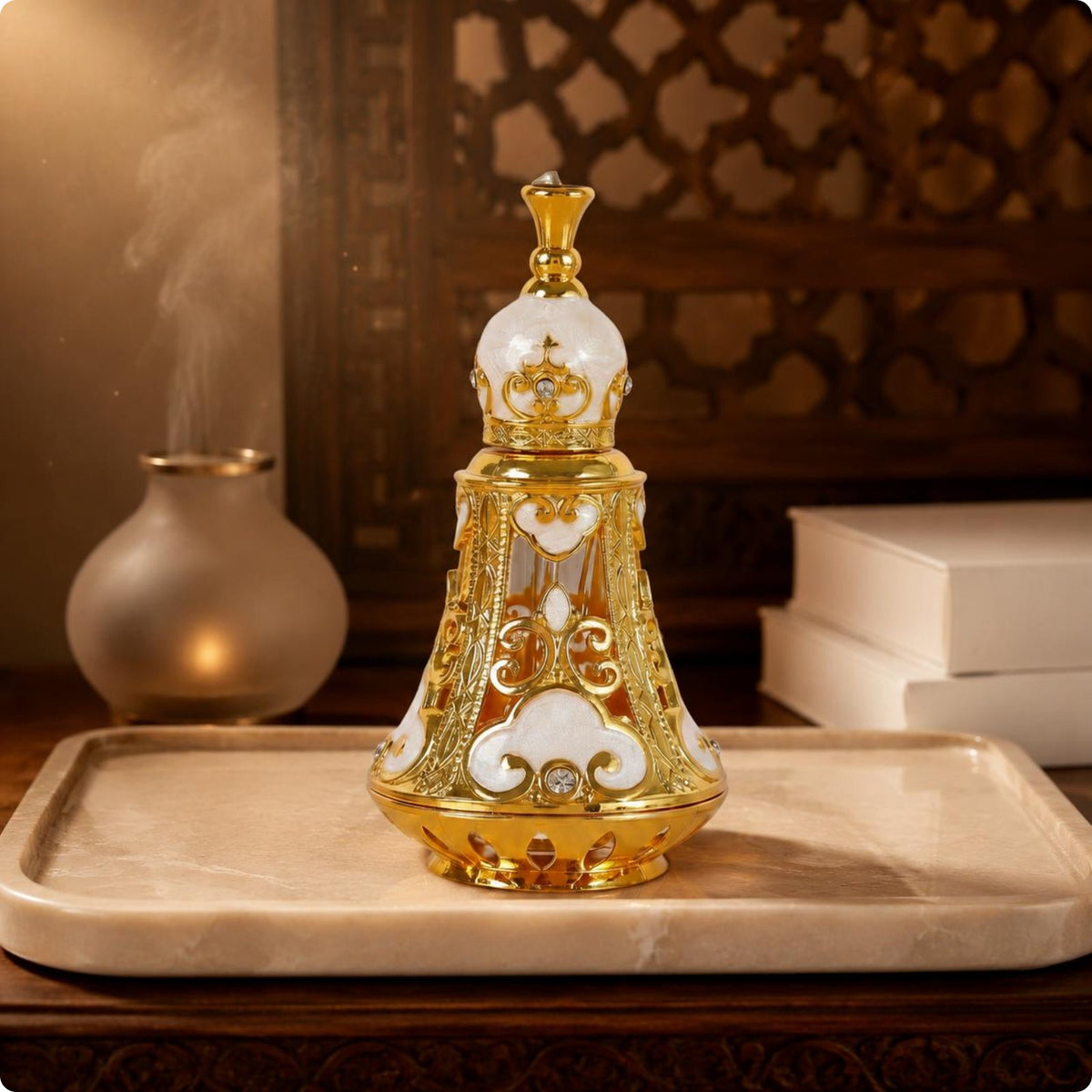 Ornate Perfume Bottle Openwork Bell-Shaped Glass Bottle Golden-Hued