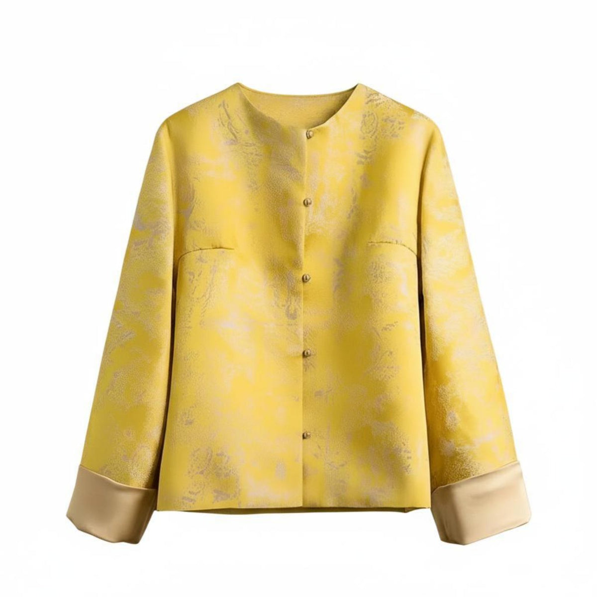 Yellow Jacquard Short Coat, Women's Loose Fit, Round Neck