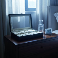 Watch Storage Box with Clear Lid Soft Interior Lining Watch Collection Box Metal Clasp Lock Contrast Stitching for Closet