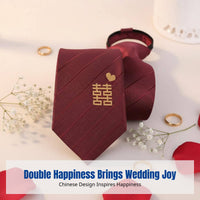 Red No-Knot Tie, Double Happiness Bird, Men's Wedding Groom, Festive, Formal Accessory