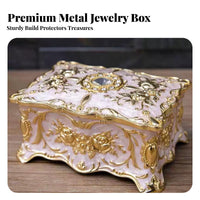 Enamel Finish Vintage Metal Jewelry Box Exquisite Handcraft Floral Embossed Trinket Case Jeweled Accent for Girls