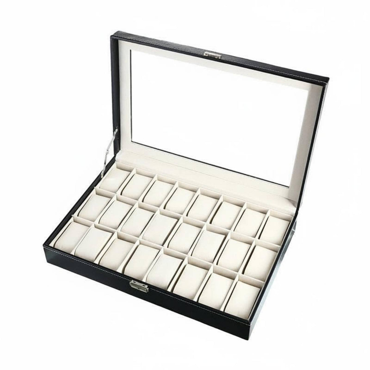 Watch Storage Box with Clear Lid Soft Interior Lining Watch Collection Box Metal Clasp Lock Contrast Stitching for Closet