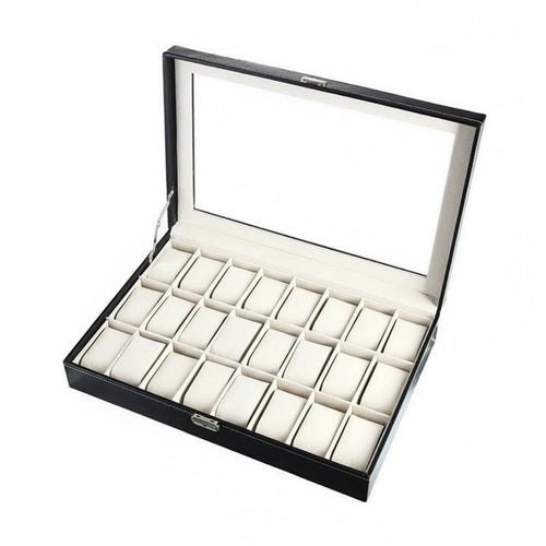 Watch Storage Box with Clear Lid Soft Interior Lining Watch Collection Box Metal Clasp Lock Contrast Stitching for Closet