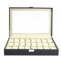 24 Compartment Watch Box Soft Lining Watch Display Case with Glass Top Removable Pillows Water-Resistant for Men