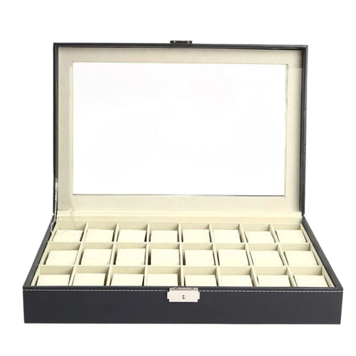 24 Compartment Watch Box Soft Lining Watch Display Case with Glass Top Removable Pillows Water-Resistant for Men